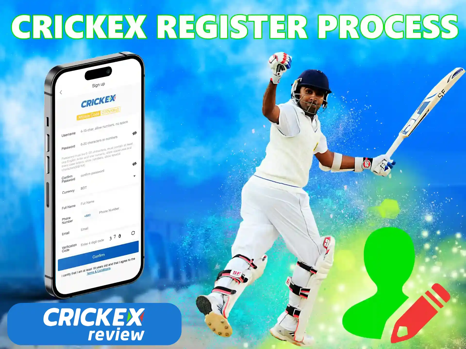 Open the registration form on the Crickex website.