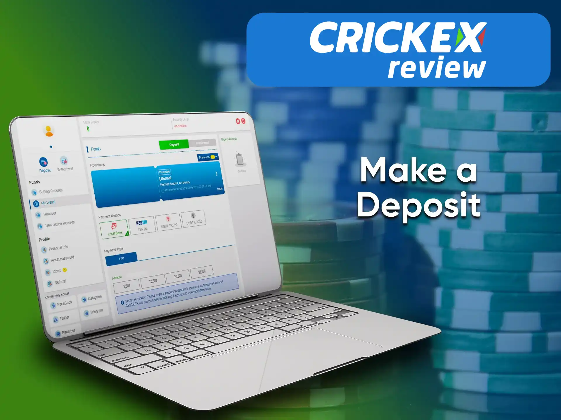 To play at Crickex casino, you need to make a deposit in a convenient way for you.
