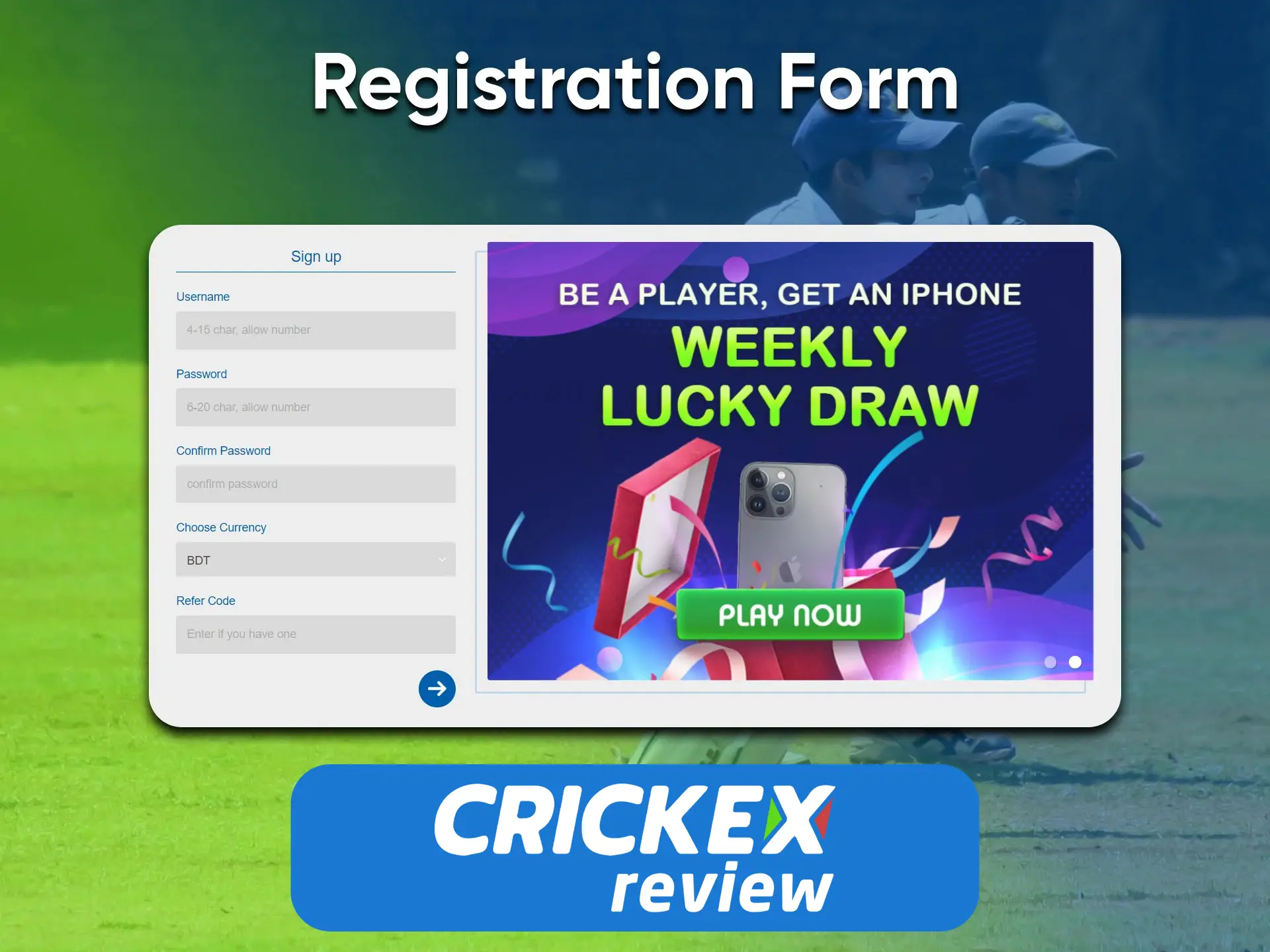To create an account in Crickex, you need to select the desired section.